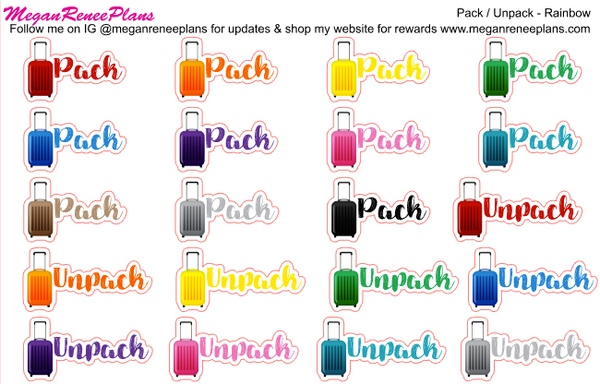 Pack / Unpack Suitcase Planner Stickers - Rainbow Color Scheme - MeganReneePlans
